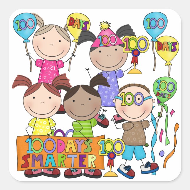 Stick Figure Kids 100 Days Smarter Square Sticker (Front)