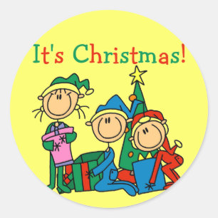 Stick Figure Kids It's Christmas Tshirts and Gifts Classic Round Sticker
