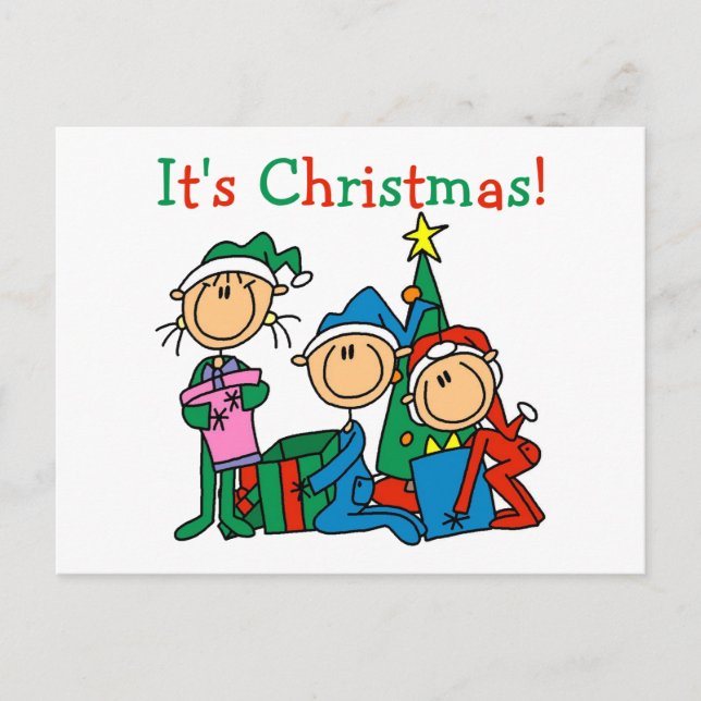 Stick Figure Kids It's Christmas Tshirts and Gifts Holiday Postcard (Front)