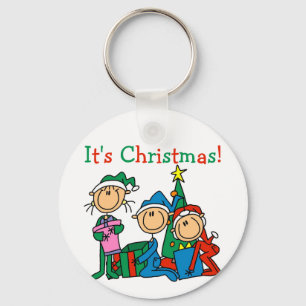 Stick Figure Kids It's Christmas Tshirts and Gifts Key Ring