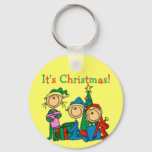 Stick Figure Kids It's Christmas Tshirts and Gifts Key Ring