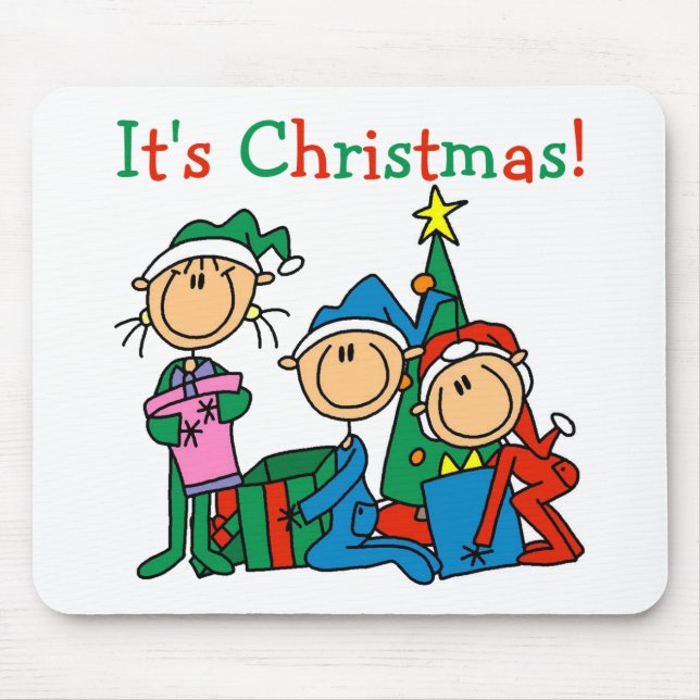 Stick Figure Kids It's Christmas Tshirts and Gifts Mouse Pad (Front)