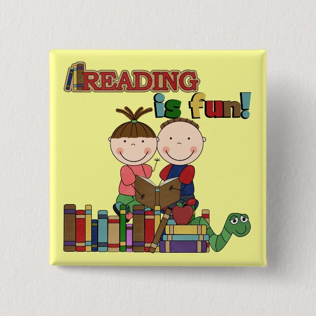 Stick Figure Kids Reading is Fun 15 Cm Square Badge (Front)