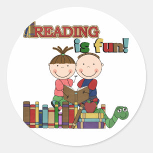 Stick Figure Kids Reading is Fun Classic Round Sticker