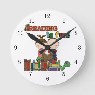 Stick Figure Kids Reading is Fun Round Clock