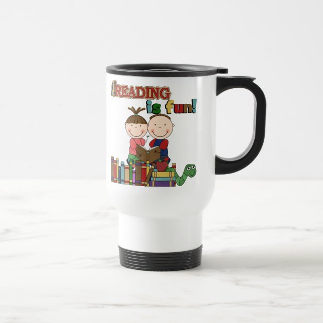 Stick Figure Kids Reading is Fun Travel Mug (Right)