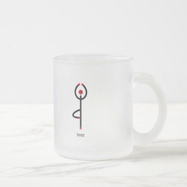 Stick figure of tree yoga pose with Sanskrit text. Frosted Glass Coffee Mug (Right)