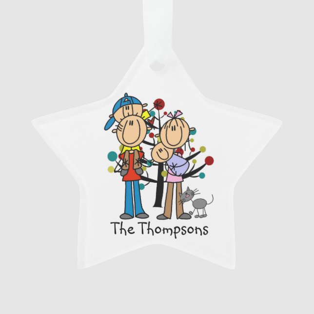 Stick Figure Parents, Boy, Baby, Cat Ornament (Front)
