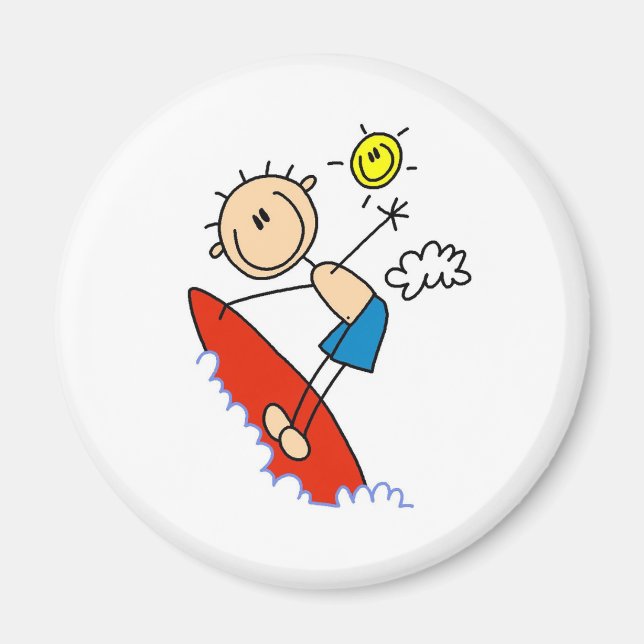 Stick Figure Surfer Boy Button Magnet (Front)