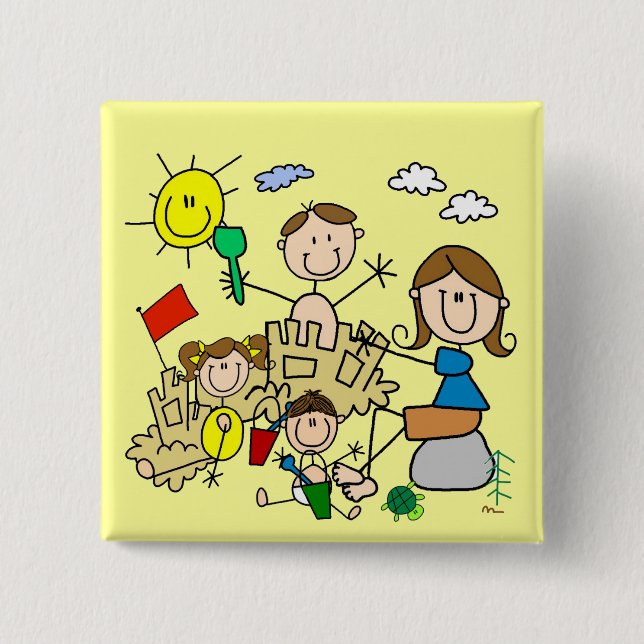 Stick Figures Family Beach Fun 15 Cm Square Badge (Front)