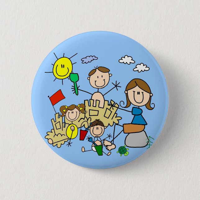 Stick Figures Family Beach Fun 6 Cm Round Badge (Front)