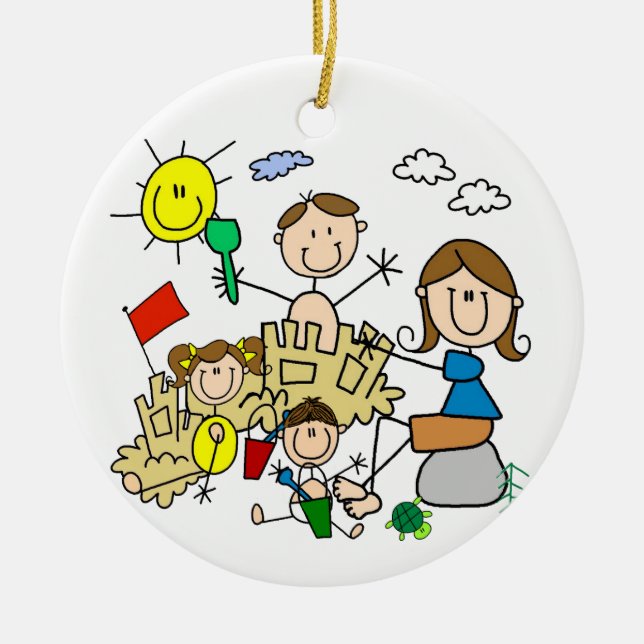 Stick Figures Family Beach Fun Ceramic Tree Decoration (Front)