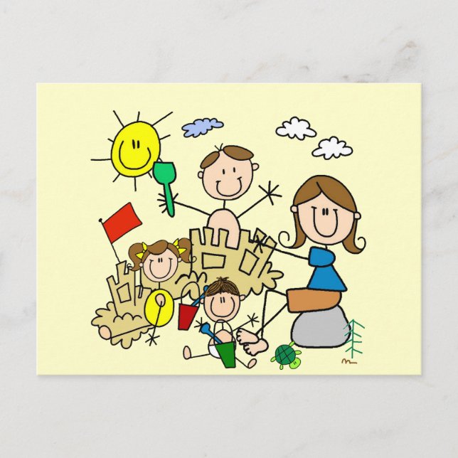 Stick Figures Family Beach Fun Postcard (Front)