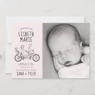 Stick figures on tandem bike with baby seat invitation