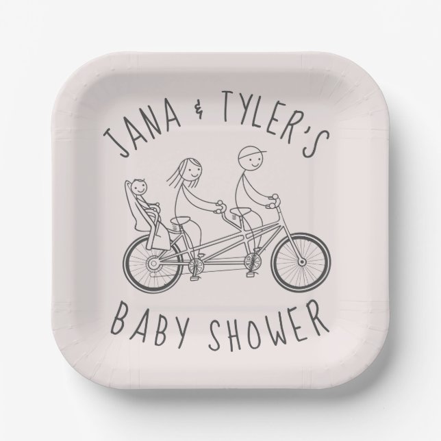 Stick figures on tandem bike with baby seat  paper plate (Front)