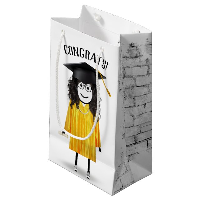 Stick Girl Graduate with Black Cap and Diploma   Small Gift Bag (Front Angled)