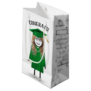 Stick Girl Graduate with Green Cap and Diploma Small Gift Bag