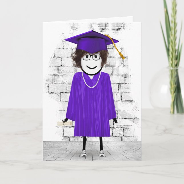 Stick Girl Graduate with Hair and Diploma Card (Front)