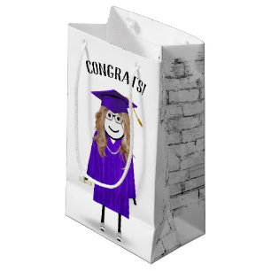Stick Girl Graduate with Purple Cap and Diploma Small Gift Bag