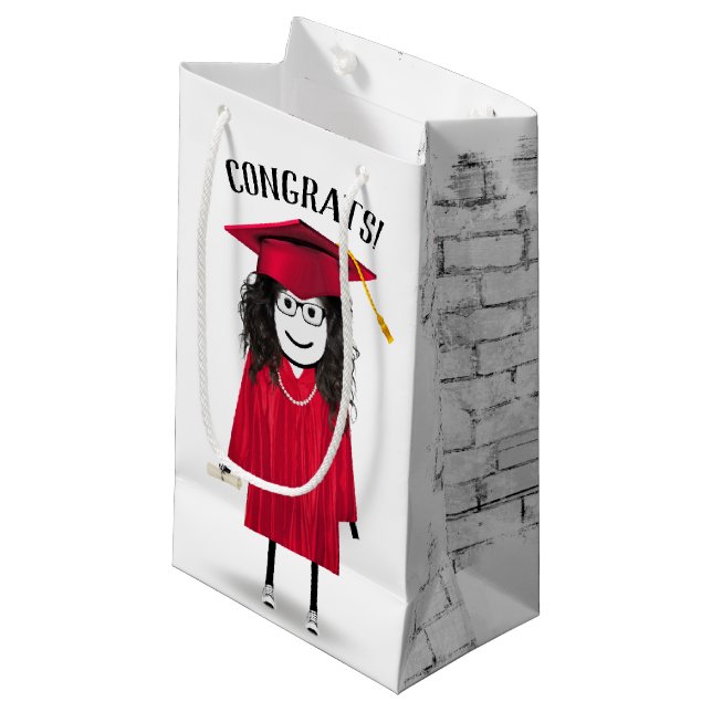 Stick Girl Graduate with Red Cap and Diploma  Small Gift Bag (Front Angled)