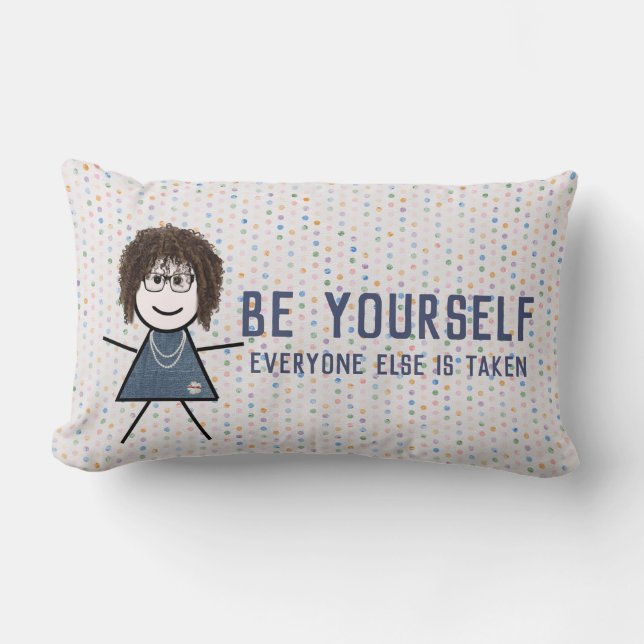 Stick Girl in Denim Dress with Quote Lumbar Cushion (Front)