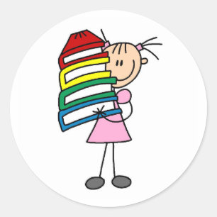 Stick Girl with Books Classic Round Sticker