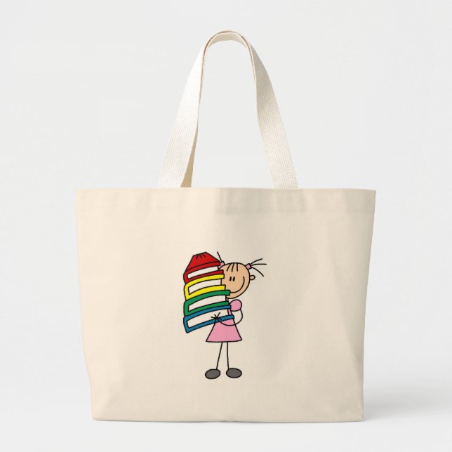 Stick Girl with Books Large Tote Bag (Front)