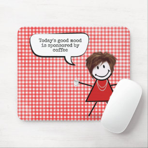 Stick Girl With Coffee Mug on Gingham  Mouse Pad
