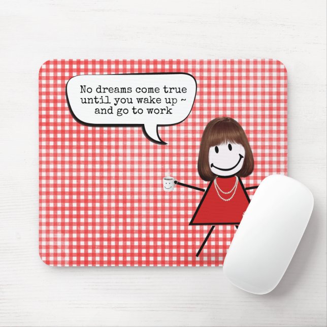 Stick Girl With Coffee Mug on Gingham Mouse Pad (With Mouse)