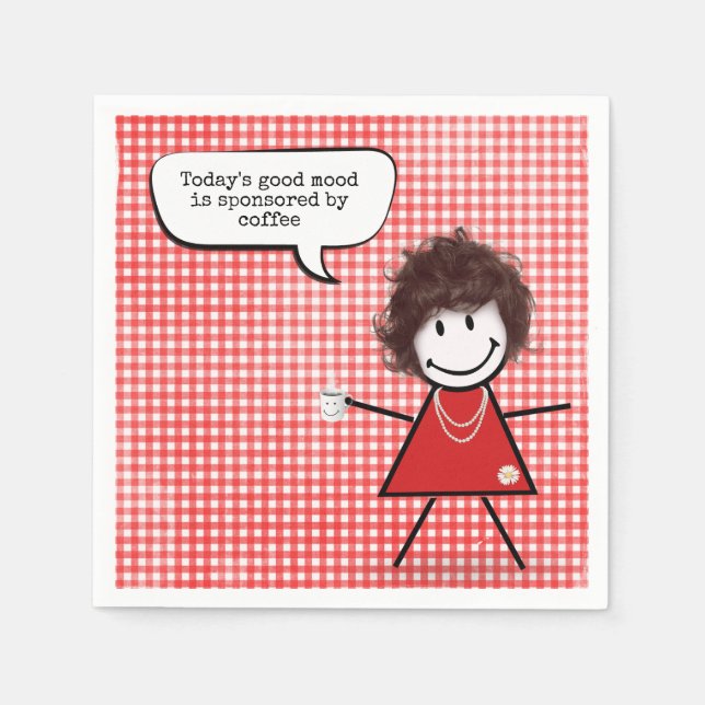 Stick Girl With Coffee Mug on Gingham  Napkin (Front)