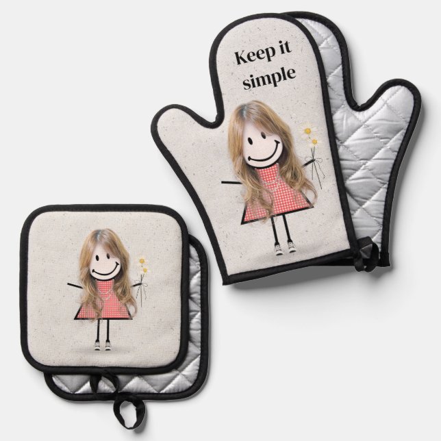 Stick Girl With Daisies And Quote Oven Mitt & Pot Holder Set (Front/Back)