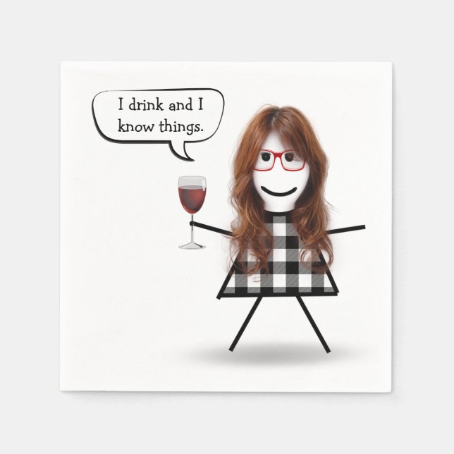 Stick Girl with Red Wine Party Humour Napkin (Front)