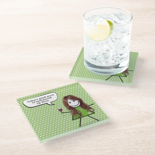Stick Girl With Wine and Quote Glass Coaster (Angled)