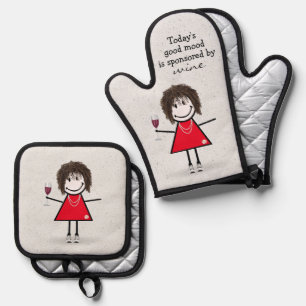 Stick Girl With Wine and Sneakers Oven Mitt & Pot Holder Set
