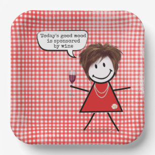 Stick Girl With Wine Glass On Gingham  Paper Plate