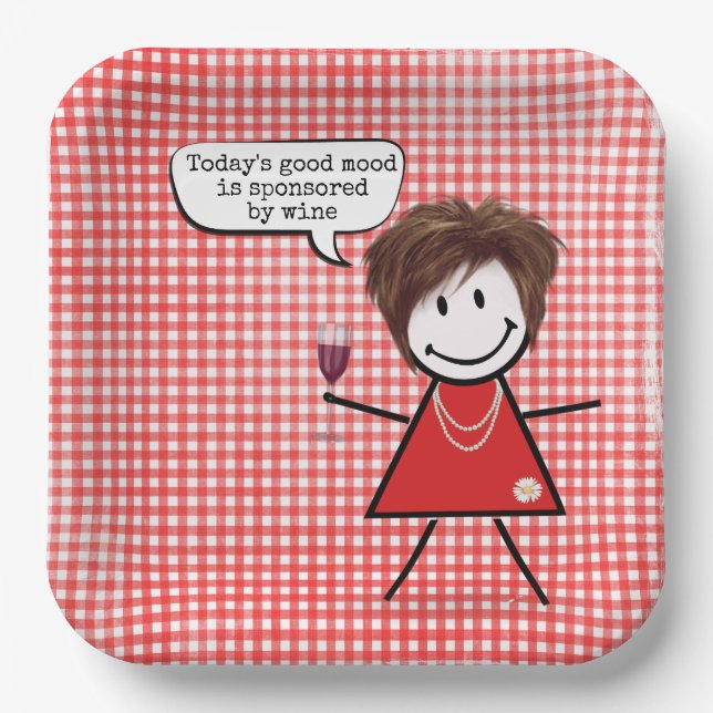 Stick Girl With Wine Glass On Gingham  Paper Plate (Front)