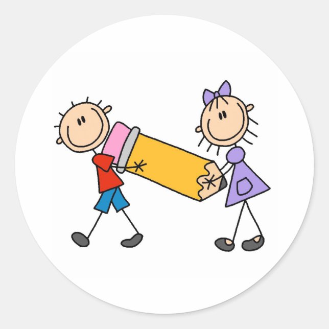 Stick Kids With Pencil Classic Round Sticker (Front)