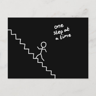 Stick man on the stairs "one step..." postcard