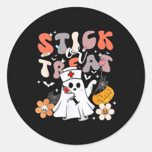 Stick Or Treat Halloween Ghost Nurse Crna Emergenc Classic Round Sticker
