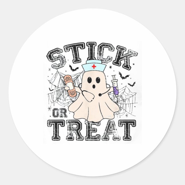 Stick Or Treat Halloween Ghost Nurse Halloween Phl Classic Round Sticker (Front)