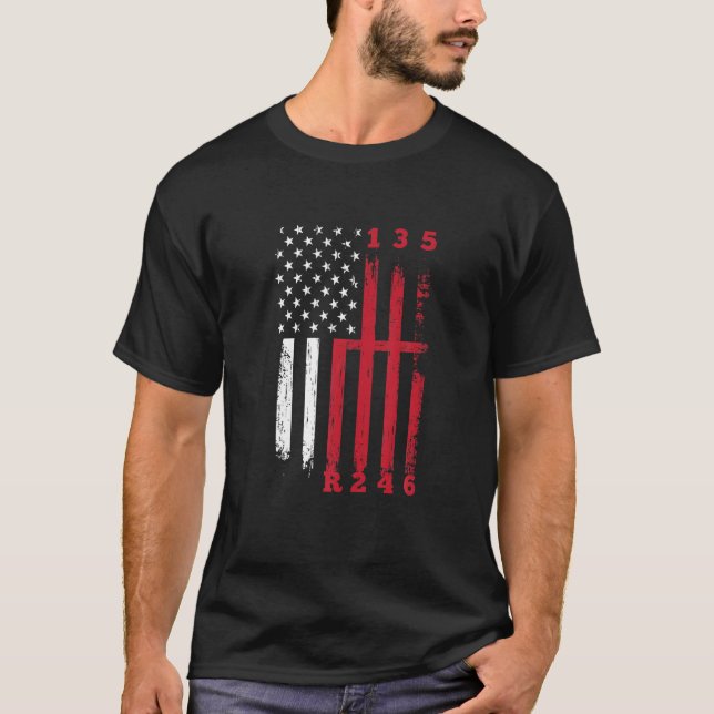 Stick Shift American Flag Muscle Car 6 Gears Desig T-Shirt (Front)