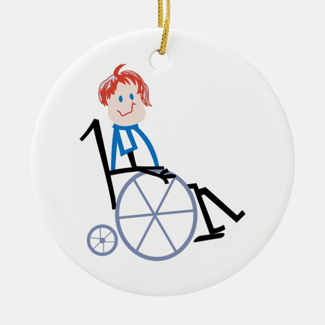 Stick Wheelchair Kid Ceramic Tree Decoration (Front)