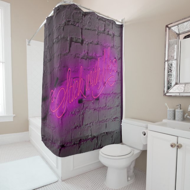 Stick with Me Pink Neon Sign Shower Curtain (In Situ)