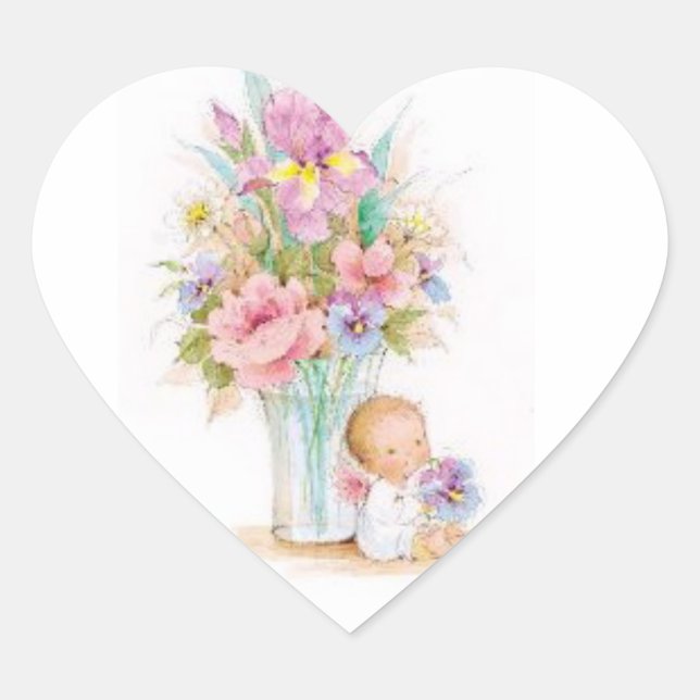 Sticker-Baby Angel Sitting by a Flower Vase Heart Sticker (Front)