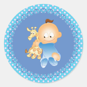 Sticker/Baby Boy with Giraffe Classic Round Sticker