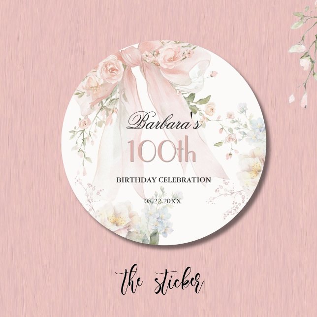 STICKER Elegant Pink Bow Floral 100th Birthday (Creator Uploaded)