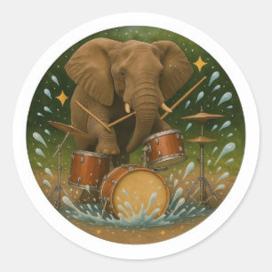 Sticker: Elephant Playing Drums in a Water Tub Classic Round Sticker