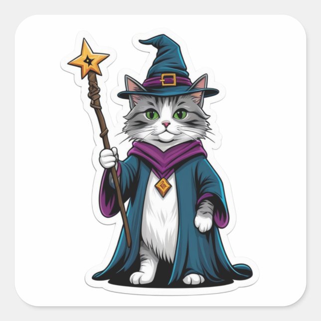 Sticker Mini wizard cat with magical staff (Front)