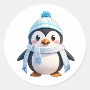 Sticker of penguin with a scarf and snowf