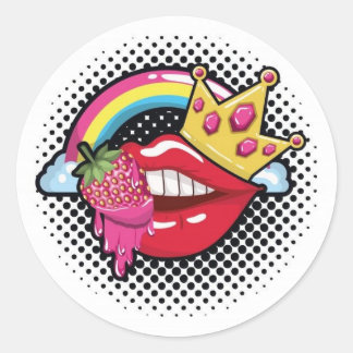 sticker, red mouth with strawberry, crown and rain classic round sticker